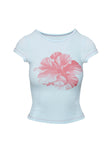 back view of model wearing Princess Polly Owenz Hibiscus Baby Tee Blue Short Sleeves 