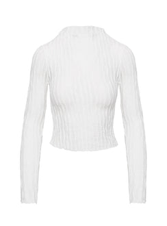 side view of model wearing Princess Polly Padra Long Sleeve Top White Full Sleeves High Neck 