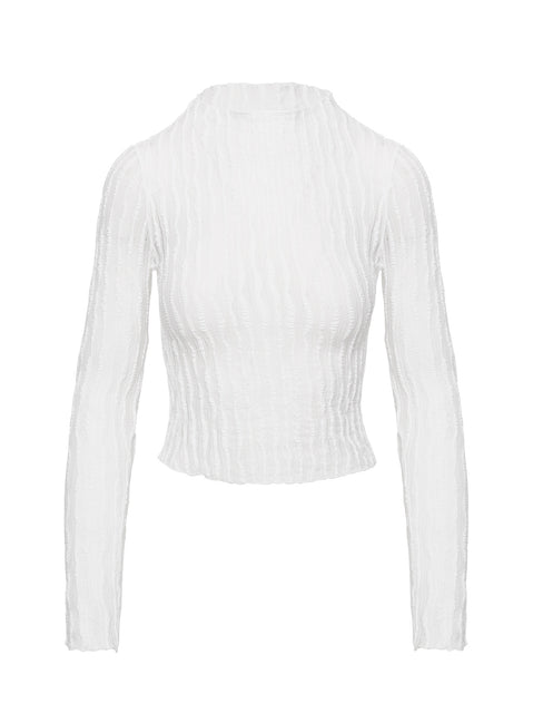 side view of model wearing Princess Polly Padra Long Sleeve Top White Full Sleeves High Neck 