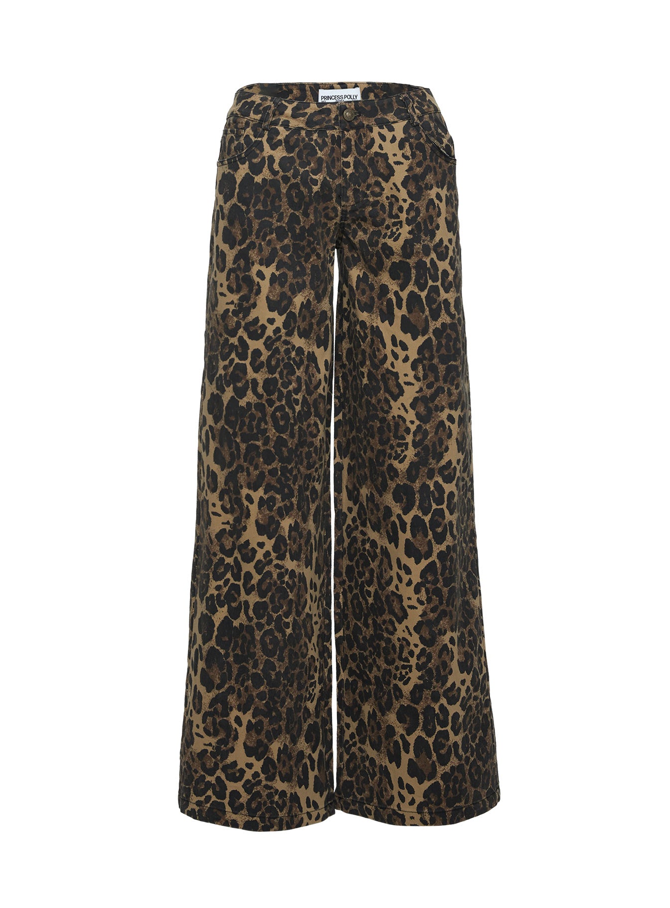 back view of model wearing Princess Polly Pantar Low Rise Pants Leopard Petite High Waisted Pants 