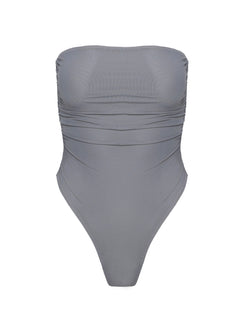 side view of model wearing Princess Polly Pauli Strapless Bodysuit Haze Blue Sleeveless straight 