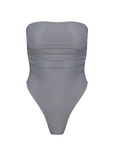 side view of model wearing Princess Polly Pauli Strapless Bodysuit Haze Blue Sleeveless straight 