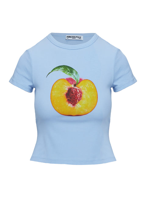 front view of model wearing Princess Polly Peachy Baby Graphic Top Blue Short Sleeves Crew Neck 