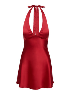 back view of model wearing Princess Polly Pelagia Halter Scarf Tie Mini Dress Red Petite Plunger 