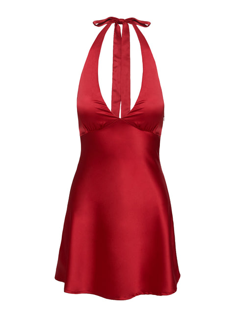 back view of model wearing Princess Polly Pelagia Halter Scarf Tie Mini Dress Red Petite Plunger 