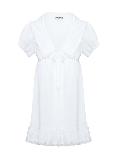 back view of model wearing Princess Polly Penelofie Mini Dress White V-Neck 