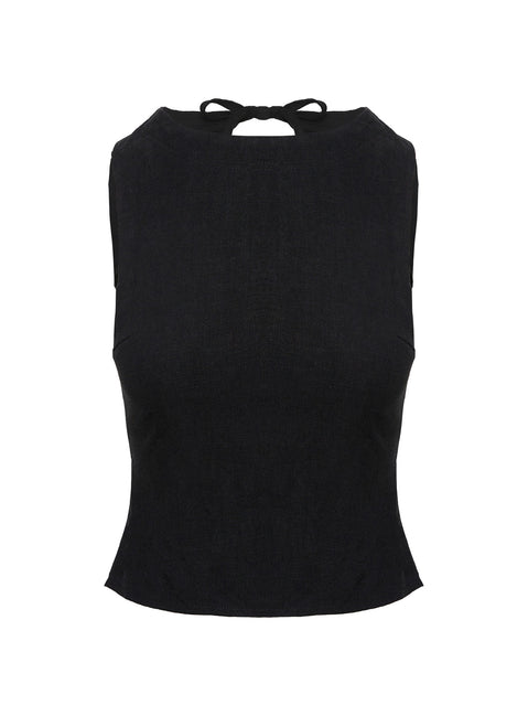 front view of model wearing Princess Polly Penelopie Backless Top Black Sleeveless High Neck 
