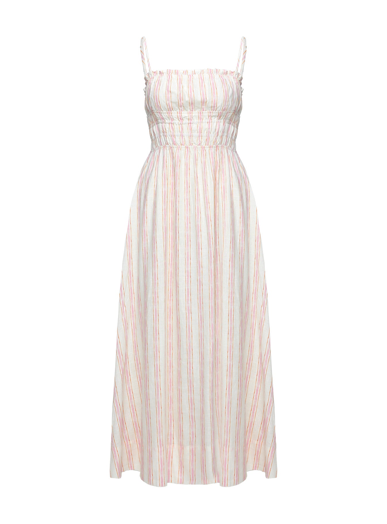 side view of model wearing Princess Polly Persephone Shirring Linen Maxi Dress Pink Stripe Square Neck 