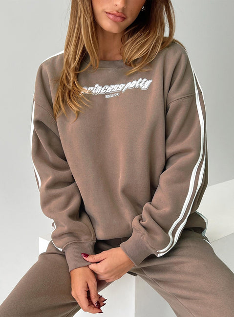 front view of model wearing Princess Polly Princess Polly Crew Neck Sweatshirt Stripe Taupe / White regular 