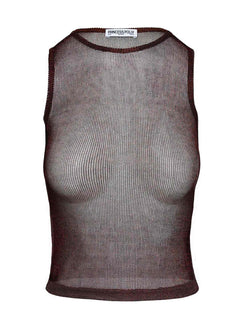 back view of model wearing Princess Polly Perfect Mirage Sheer Top Brown Sleeveless Crew Neck 