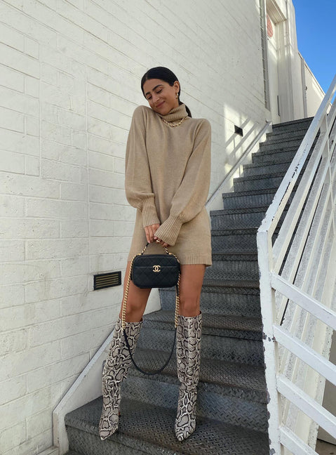 back view of model wearing Princess Polly Zahara Mini Dress Beige Petite High Neck 