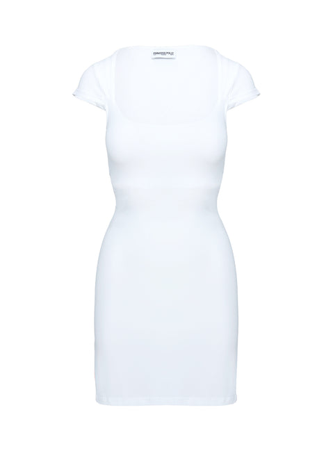 back view of model wearing Princess Polly Ravenna Mini Dress White Scoop Neck 