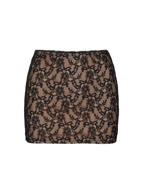   side view of model wearing Princess Polly Romani Lace Mini Skirt Black Mini Skirts 