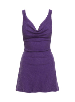 side view of model wearing Princess Polly Romani Mini Dress Purple Glitter Cowl Neck 