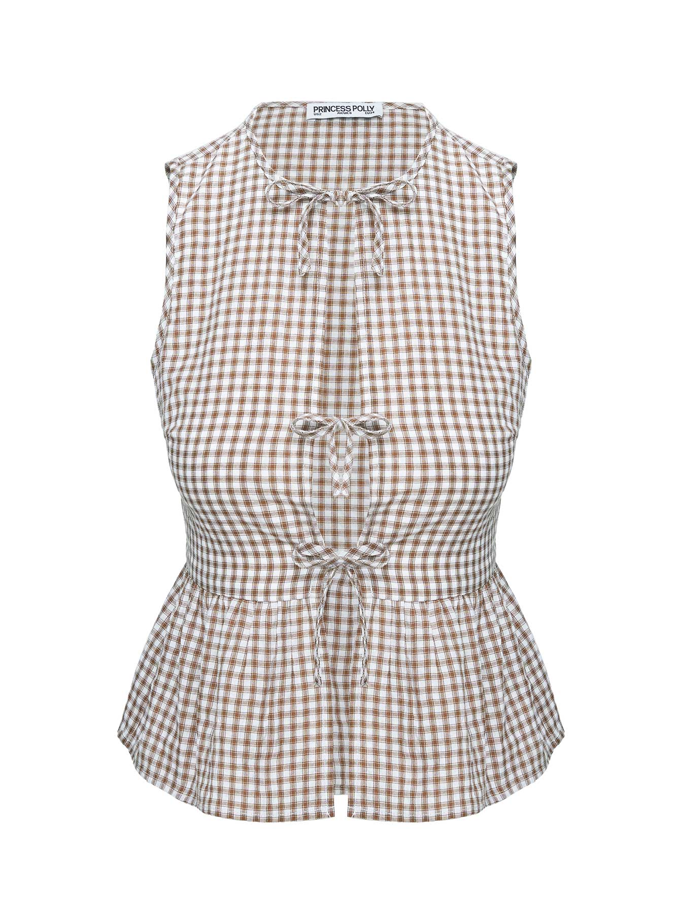 back view of model wearing Princess Polly Rosellah Tie Up Top Brown Check Sleeveless Crew Neck 