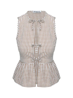 back view of model wearing Princess Polly Rosellah Tie Up Top Brown Check Sleeveless Crew Neck 