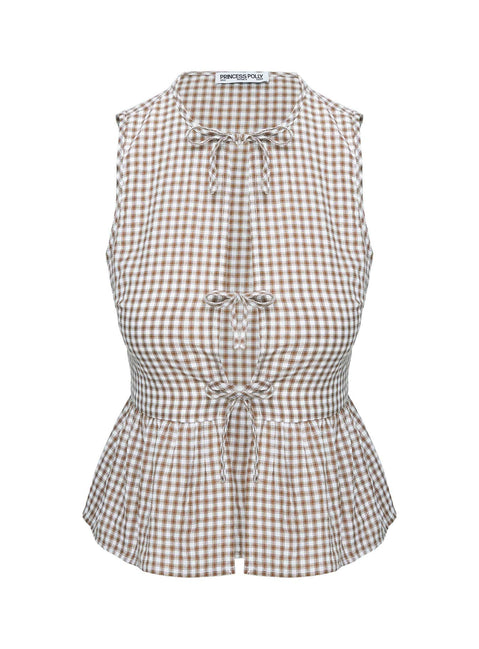 back view of model wearing Princess Polly Rosellah Tie Up Top Brown Check Sleeveless Crew Neck 