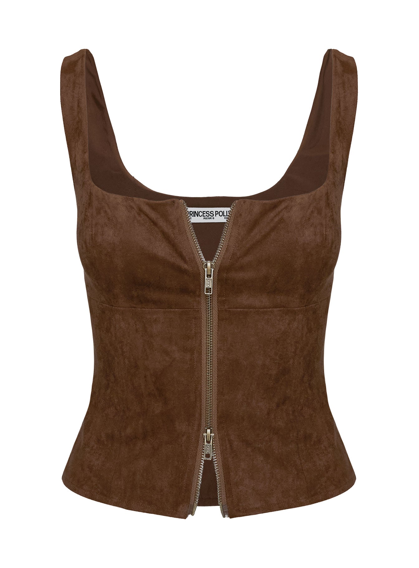 side view of model wearing Princess Polly Rodeo Faux Suede Zip Through Top Brown Sleeveless Square Neck 