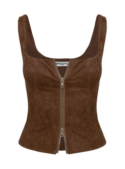 side view of model wearing Princess Polly Rodeo Faux Suede Zip Through Top Brown Sleeveless Square Neck 