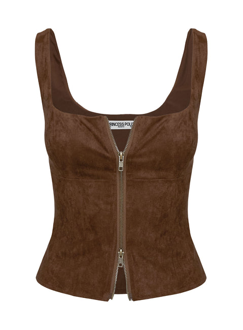 side view of model wearing Princess Polly Rodeo Faux Suede Zip Through Top Brown Sleeveless Square Neck 