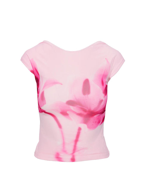 back view of model wearing Princess Polly Rosalinda Top Pink Flower Short Sleeves Scoop Neck 