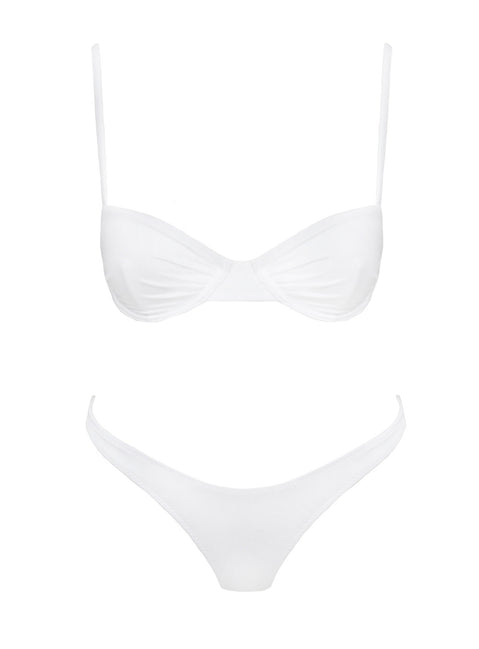 White Bikini top Shine material, adjustable shoulder straps, wired cups, clasp fastening at back