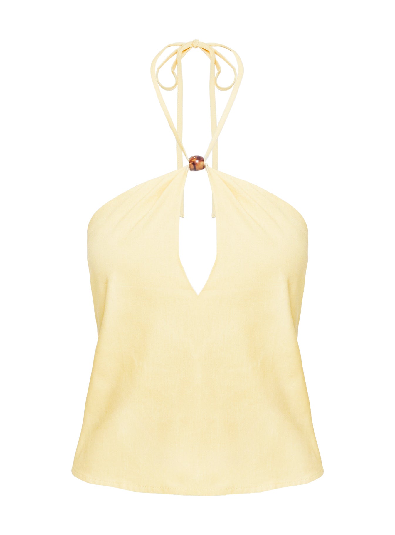 front view of model wearing Princess Polly Santorini Crush Bead Detail Top Lemon Sleeveless Asymmetric Neckline 