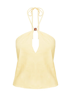 front view of model wearing Princess Polly Santorini Crush Bead Detail Top Lemon Sleeveless Asymmetric Neckline 