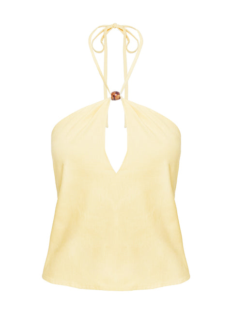 front view of model wearing Princess Polly Santorini Crush Bead Detail Top Lemon Sleeveless Asymmetric Neckline 