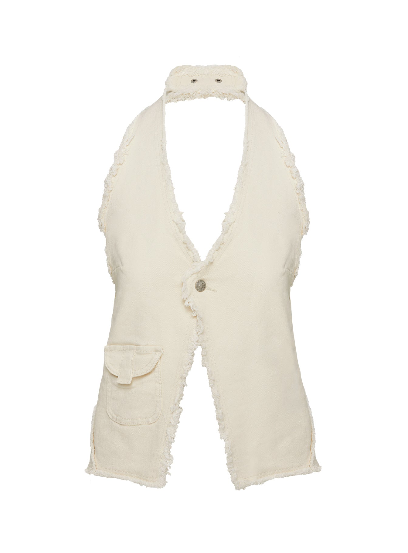 side view of model wearing Princess Polly Shade Halter Top Cream Sleeveless Plunger 