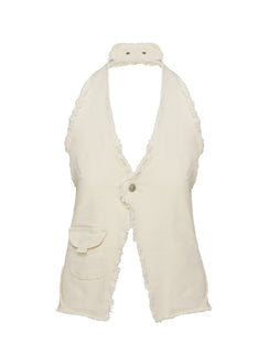 side view of model wearing Princess Polly Shade Halter Top Cream Sleeveless Plunger 