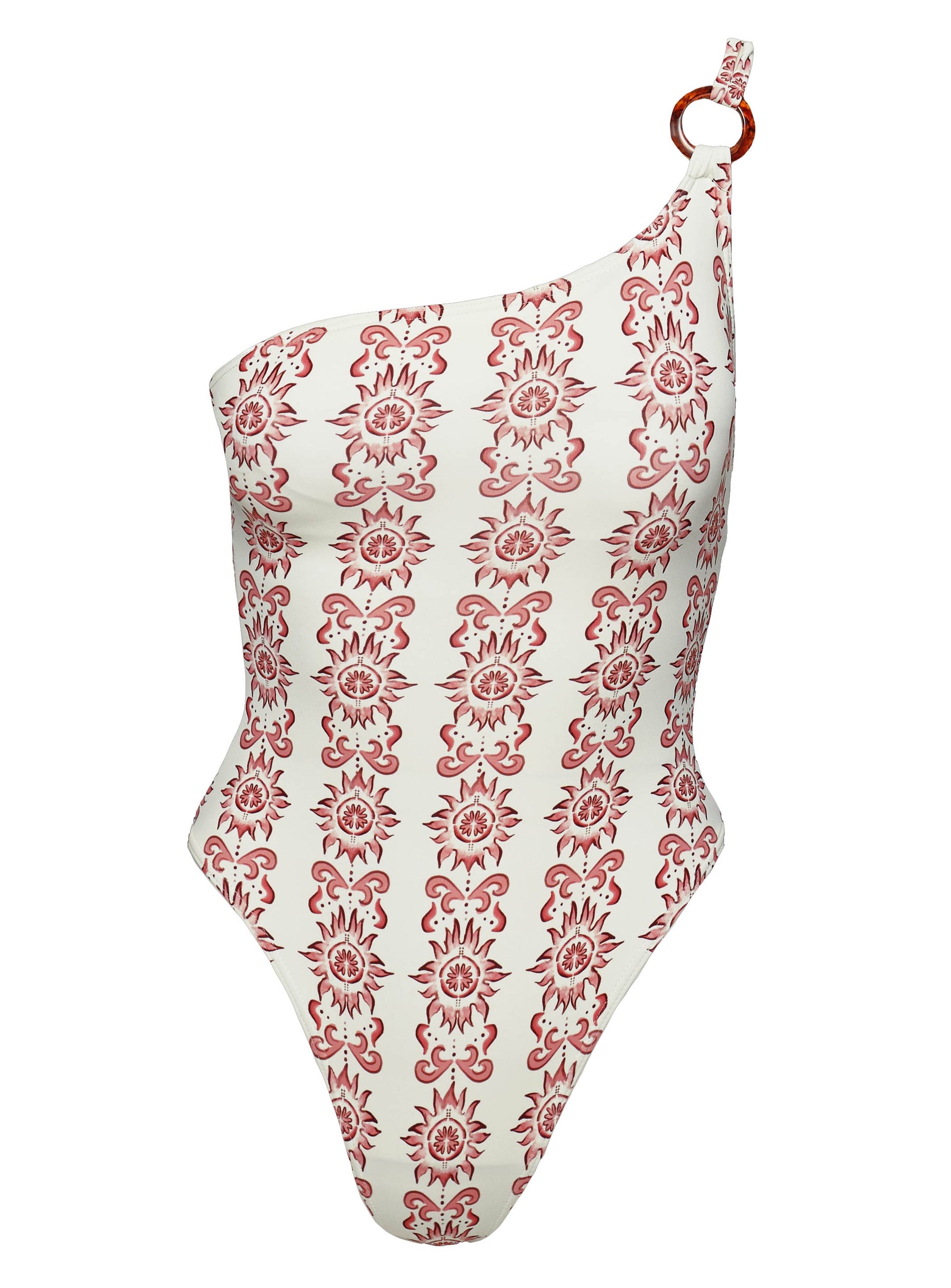 Red and white Graphic print one piece One shoulder design, ring detail at shoulder, removable padding, high cut leg, cheeky style bottom