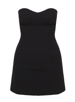 side view of model wearing Princess Polly Simple Sweetheart Mini Dress Black Sweetheart Neckline 