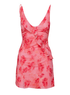 back view of model wearing Princess Polly Singleton Mini Dress Pink Floral Plunger 