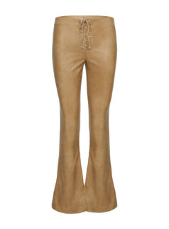 side view of model wearing Princess Polly Roddie Lace Up Pants Brown Low Rise Pants 