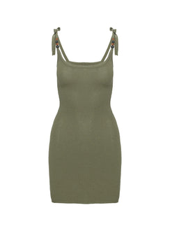 front view of model wearing Princess Polly Strachy Mini Dress Green Scoop Neck 