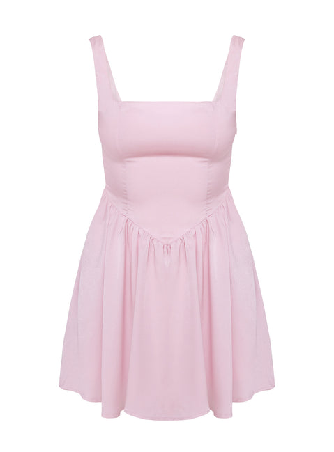 back view of model wearing Princess Polly Straplie Mini Dress Pink Square Neck 