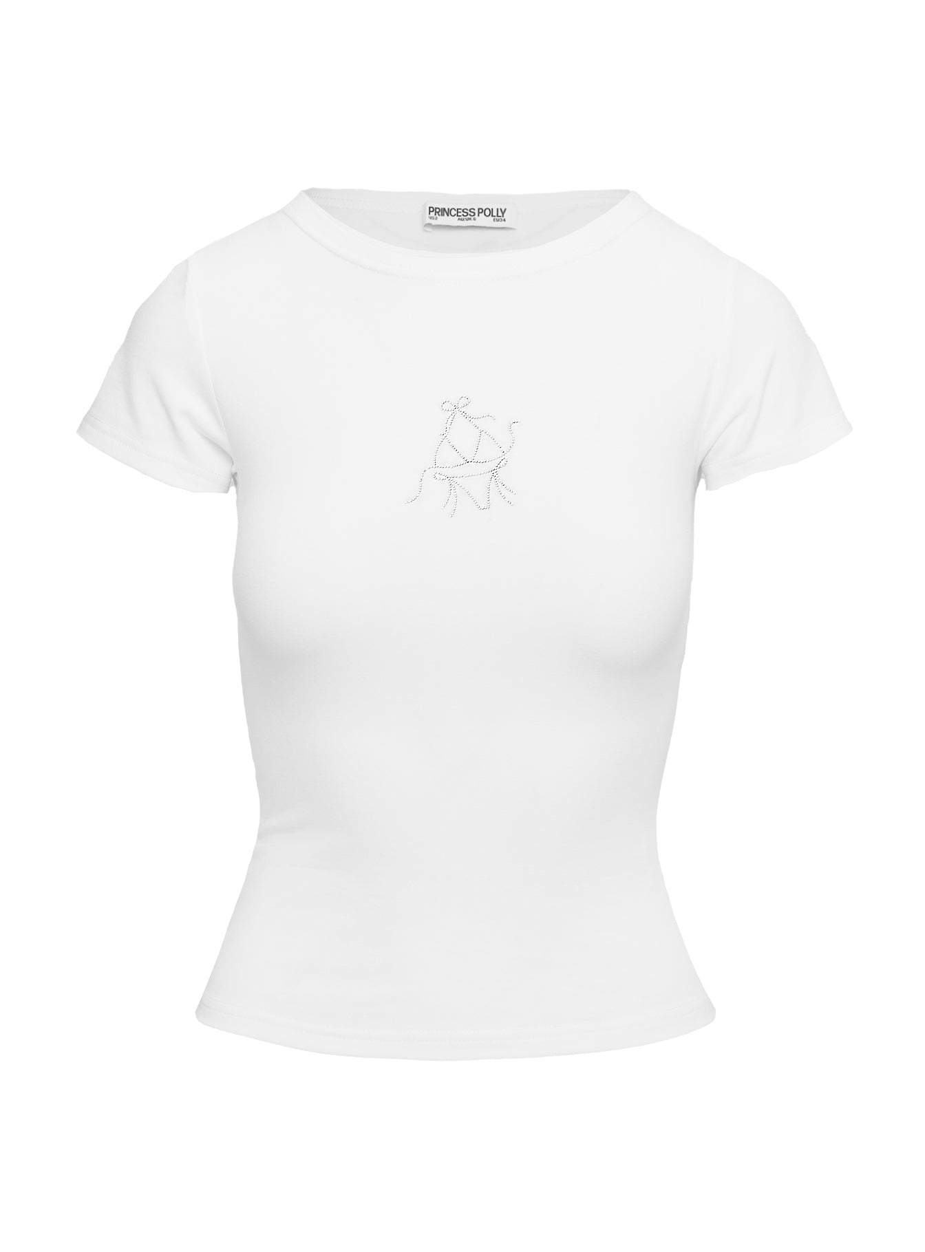 side view of model wearing Princess Polly Summer Blues Graphic Top White Short Sleeves Crew Neck 