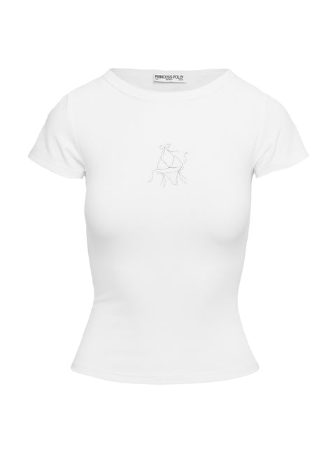 side view of model wearing Princess Polly Summer Blues Graphic Top White Short Sleeves Crew Neck 
