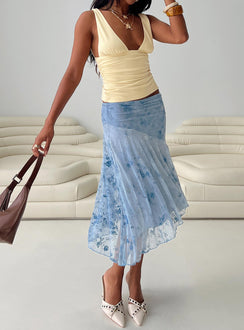 back view of model wearing Princess Polly Summer Rain Asymmetrical Midi Skirt Blue Midi Skirts 