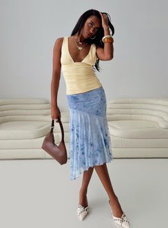   side view of model wearing Princess Polly Summer Rain Asymmetrical Midi Skirt Blue Midi Skirts 