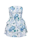Blue and white strapless floral mini dress Shirred band at bust, tiered hem