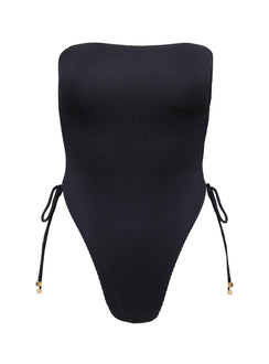 Black Strapless one piece Ribbed material, inner silicone strip at bust, high cheeky cut, drawstring ruching detail at sides