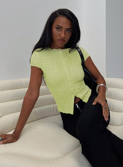 front view of model wearing Princess Polly Suzu Textured Top Green Short Sleeves Crew Neck 