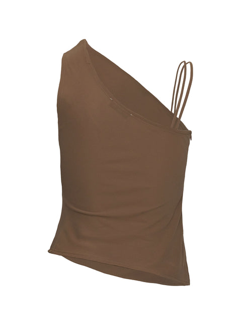 side view of model wearing Princess Polly Smash Hit One Shoulder Top Brown Sleeveless Asymmetric Neckline 