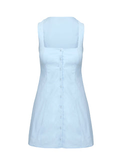 side view of model wearing Princess Polly Talisse Dress Blue Petite Square Neck 