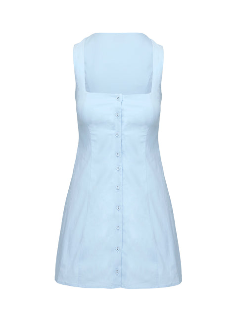 side view of model wearing Princess Polly Talisse Dress Blue Petite Square Neck 