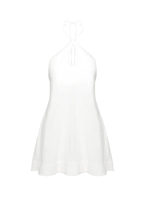 back view of model wearing Princess Polly Thomasina Linen Halter Dress White Plunger 