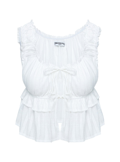 side view of model wearing Princess Polly Thoren Top White Sleeveless Scoop Neck 