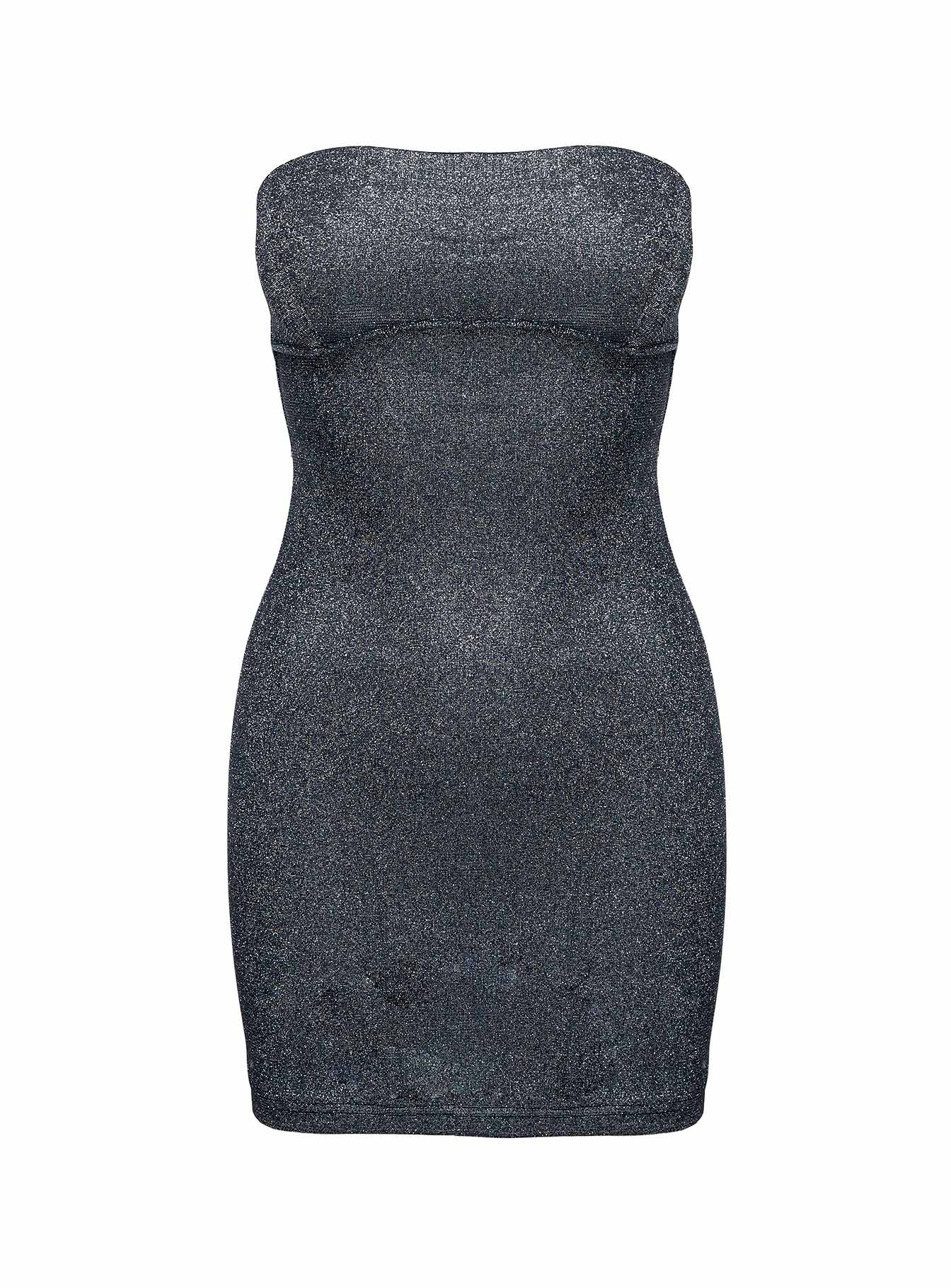 side view of model wearing Princess Polly Tresia Strapless Mini Dress Black Straight Neck 